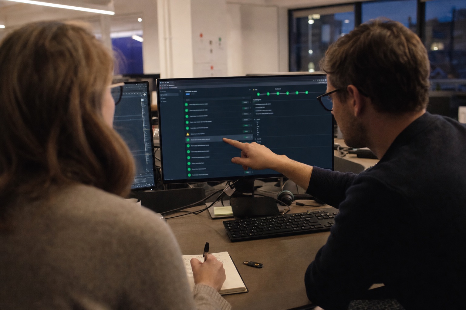 Software engineers reviewing release checks and production pipeline status