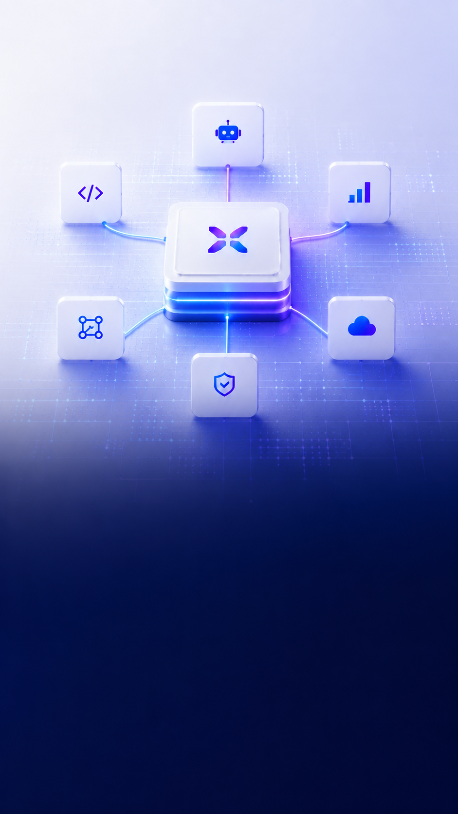 An owned systems core connecting custom software, AI, data, workflows, cloud infrastructure, and quality controls