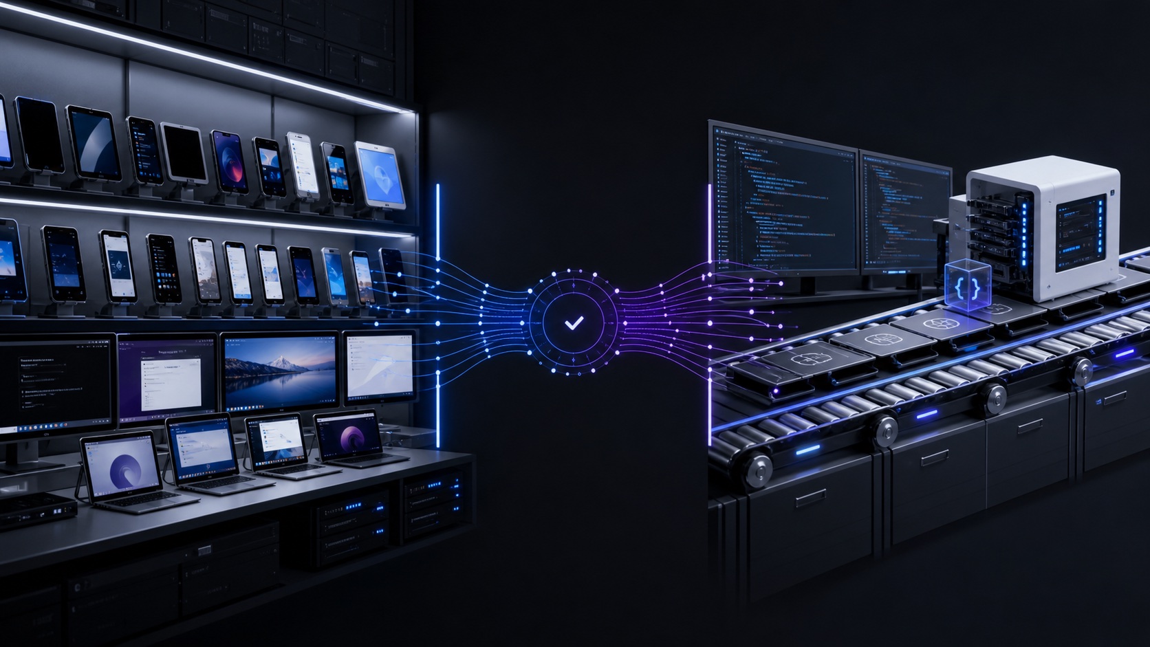 A real-device testing lab connected to a customer-owned continuous integration test pipeline