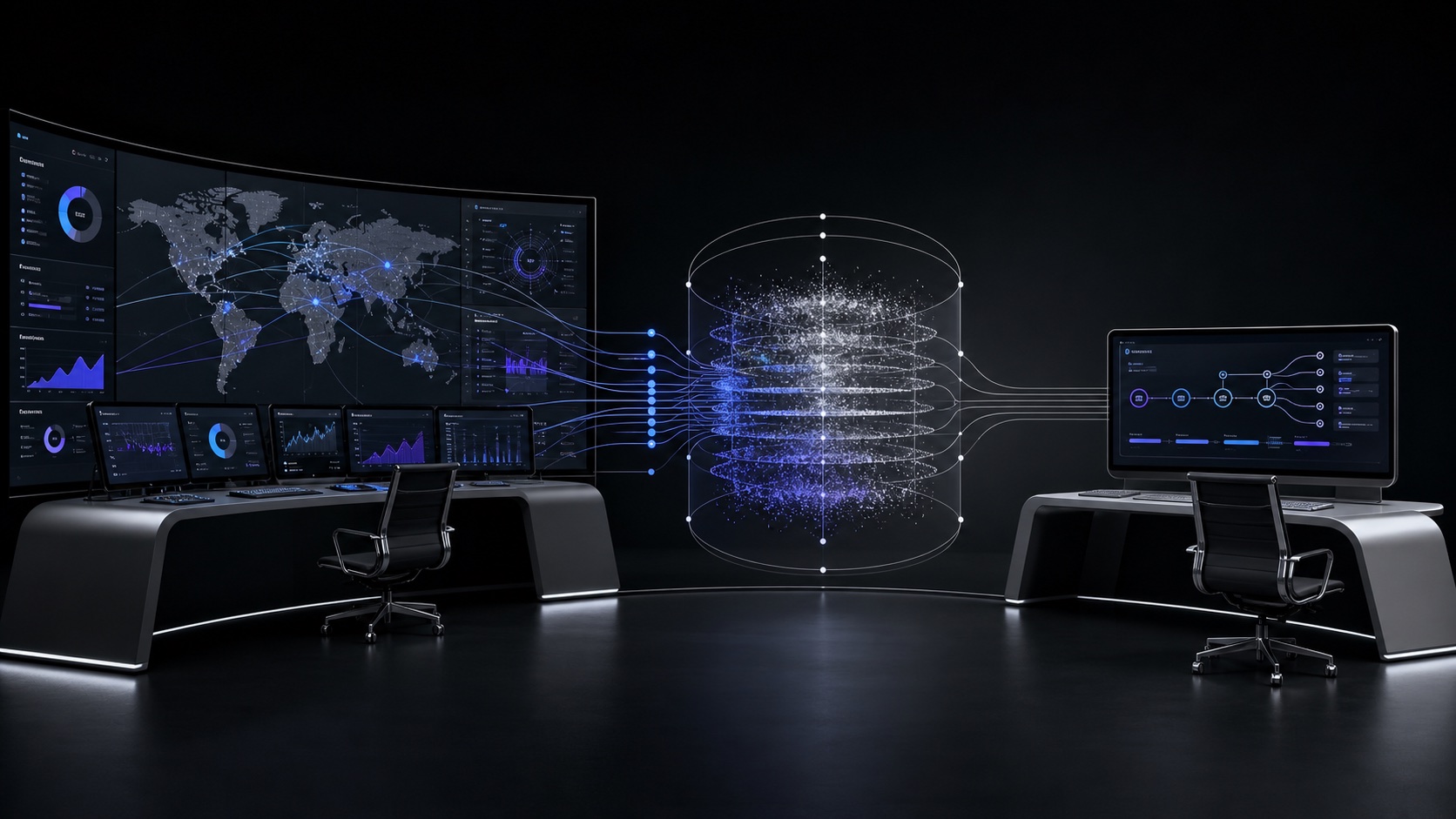 A large global privacy governance control room beside a focused consent console connected to the same customer data boundary