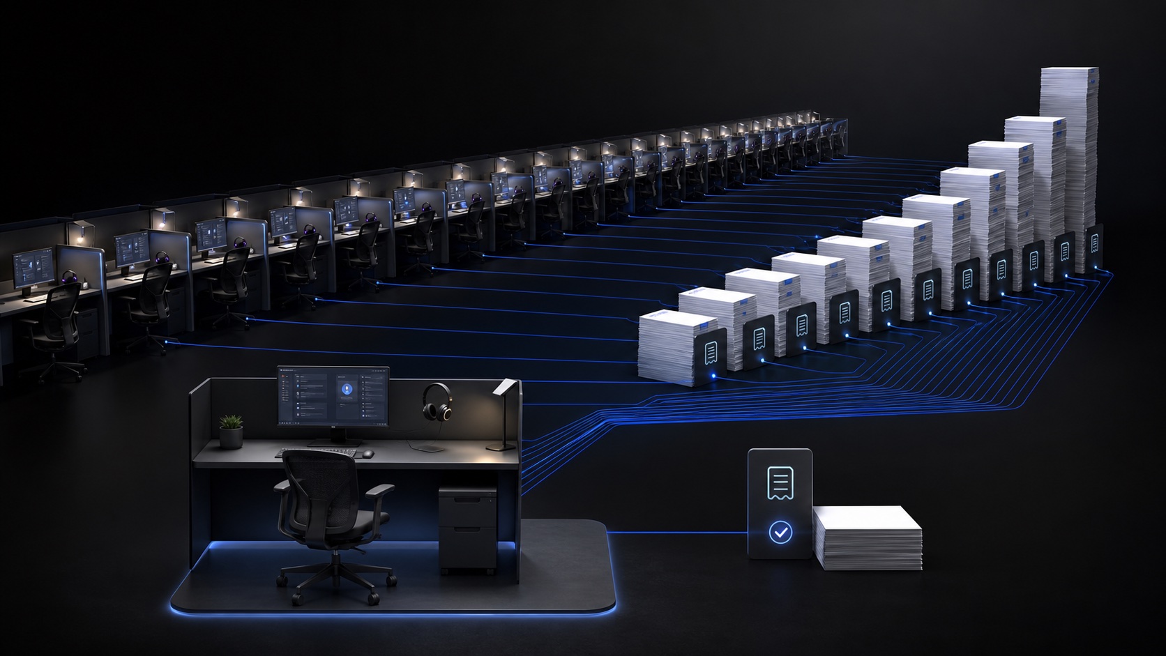 Twenty-five support workstations feeding into rising invoice stacks beside one predictable customer-owned support console